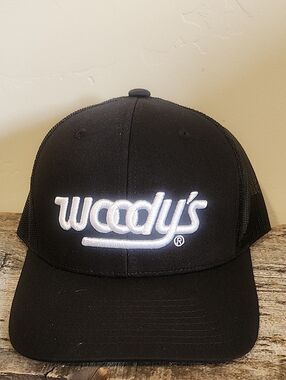 Woody's Black Trucker Hat with White Embroidered Logo